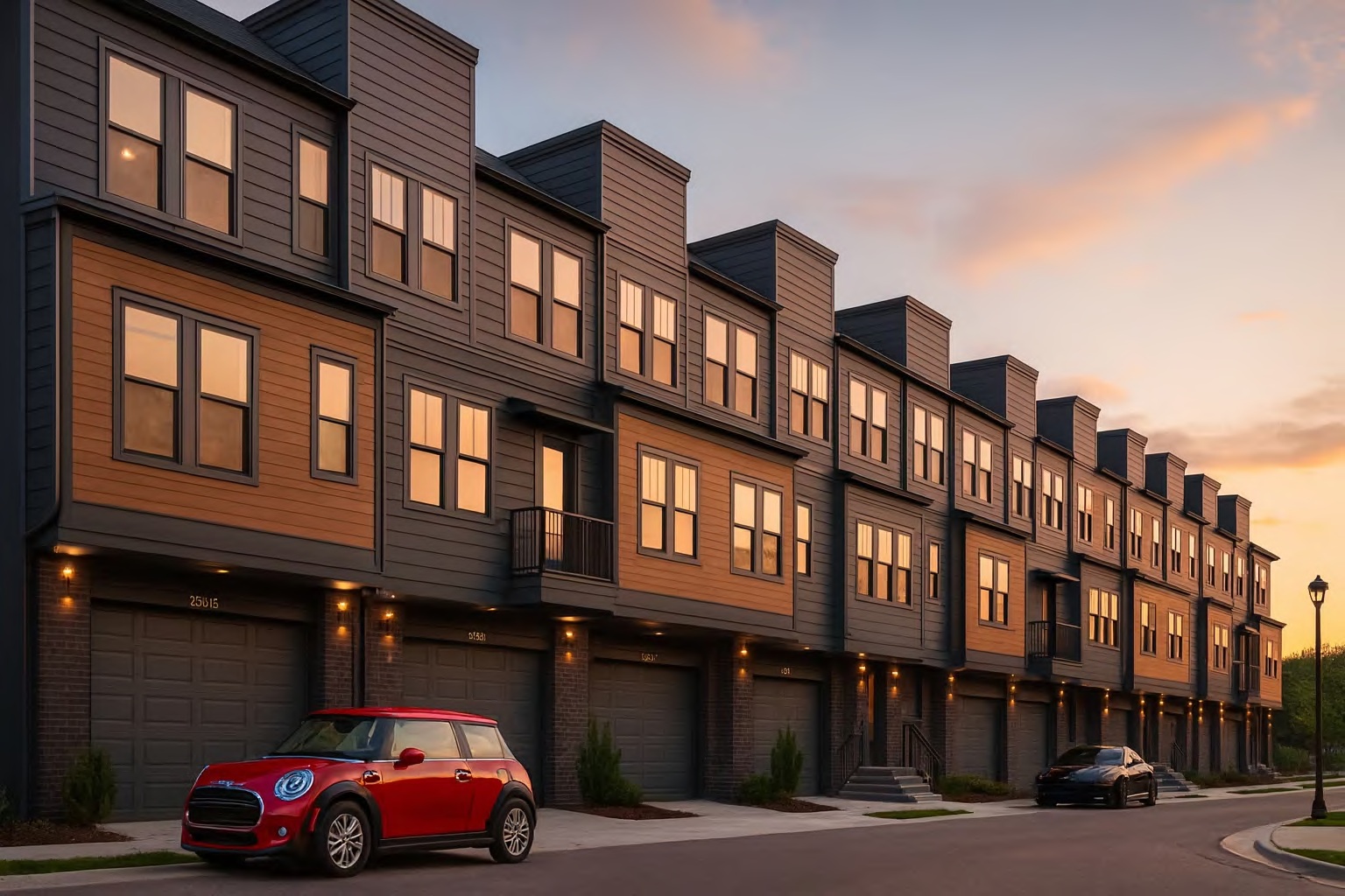 Alta Bishop townhomes at dusk